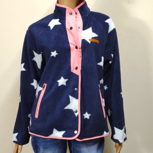 NWT Simply Southern Patriotic USA button down Jacket star print NAVY PINK TRIM - Picture 2 of 7